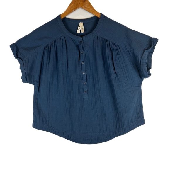 Pact Tops - Pact Gauze Henley Shirt Blue Short Sleeve Button Up Textured Top Women's Size S